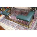 A contemporary antiqued brass framed club fender with studded green leather corner seats, 165 cm w x