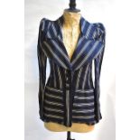 Original Biba clothing - 1970s Biba navy/cream striped cotton ticking jacket with wide lapels,