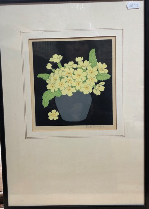 John Hall Thorpe (1874-1947) - Primroses in a blue vase, coloured woodcut, pencil signed to lower - Image 2 of 3