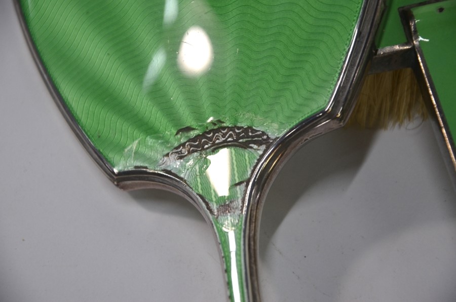 A silver and green basse-taille enamel five-piece brush set, Atkin Bros., Birmingham Jubilee - Image 3 of 5