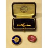 A Victorian circular blue enamel and yellow gold brooch set with four pearls and diamond cross to