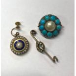 A Victorian circular yellow gold brooch set with large pearl with nine circular cabochon turquoise