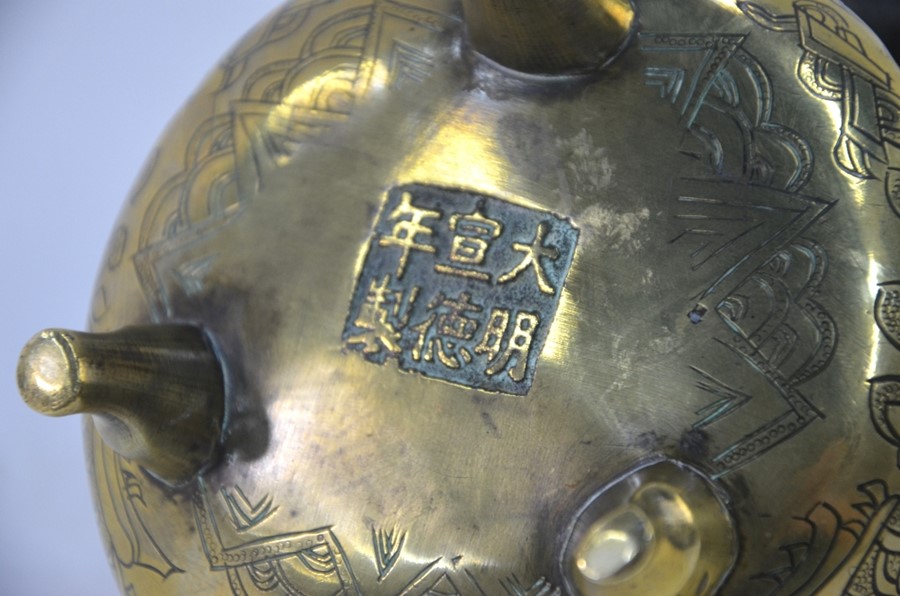 Two Chinese gilt incense burners; each one of typical tripod and circular form with pierced handles; - Image 3 of 5