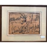 Elsie Marion Henderson (1880-1970) - A nanny goat with kids, black wash on buff paper, 12 x 17.5 cm,