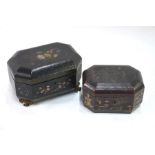 Two Chinese Export lacquered tea caddies; each one with eight sides and hinged domed cover opening
