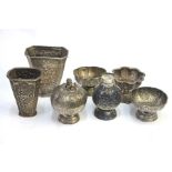 Seven small white metal vessels, possibly Malay, or other Asian, betel nut containers (Tepak sirih);