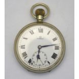Railwayana - An Omega open-faced pocket watch with top-wind movement no 5607655, in nickel case, the