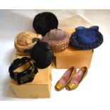 Six ladies hats comprising; a taupe mink fur hat, a brown fur hat, two 1950s hats and two plaited
