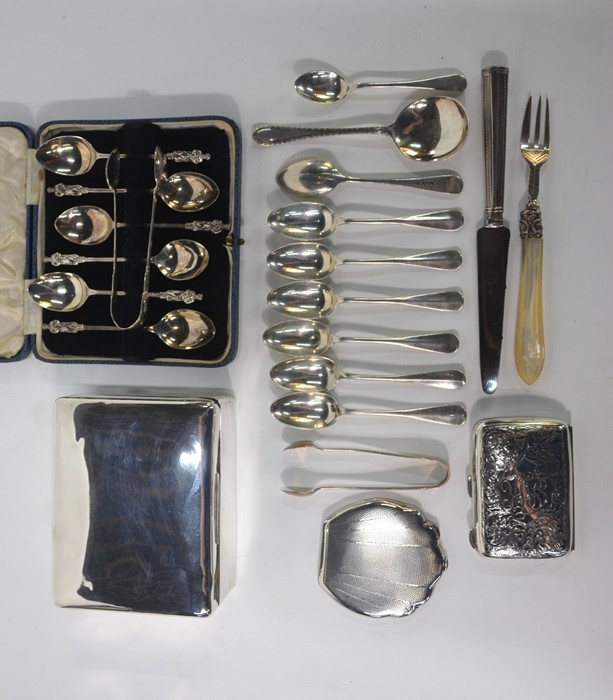 Various silver teaspoons (inc cased set of spoons with Apostle finials), a pair of sugar tongs and - Image 2 of 3