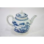 An 18th century Worcester porcelain blue and white teapot and cover of globular form, painted with