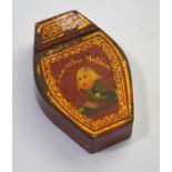 An unusual Tole ware snuff box of coffin form, painted and inscribed to 'Immortal Nelson'. 6.5 cm