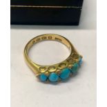 A Victorian five stone graduated turquoise and diamond ring, 18ct yellow gold set, size M, approx
