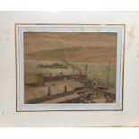 C R Roberts - Harbour view with battleship beyond, watercolour, signed lower left, 27 x 35 cm