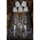 A set of four large gilt mounted glass + crystal strung twin branch wall lights to /w assorted