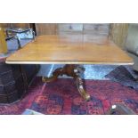 Victorian mahogany breakfast table, the square tilt-top raised on a turned baluster support to