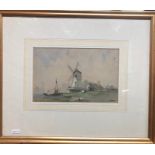 Mearey? - Dutch view of a windmill and barge, pen, ink and watercolour, signed indistinctly lower