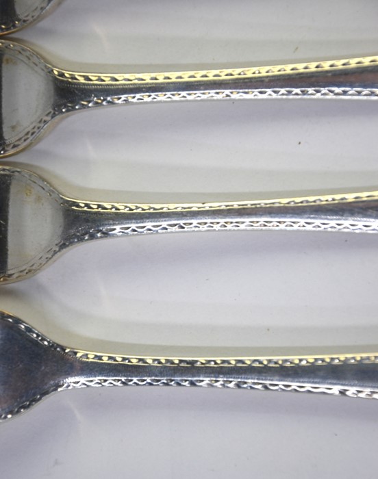 A set of six George III silver bright-cut table forks, assay and maker's marks only, probably George - Image 3 of 3