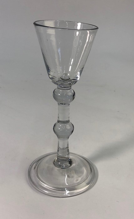 An 18th century style cordial glass, rounded funnel bowl, straight stem with shoulder and central - Image 2 of 2