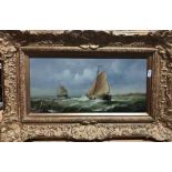 Jean Laurent - A pair of marine views with ships on squally seas, oil on board, signed, 19 x 38