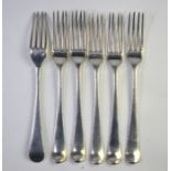 A set of six George III silver bright-cut table forks, assay and maker's marks only, probably George