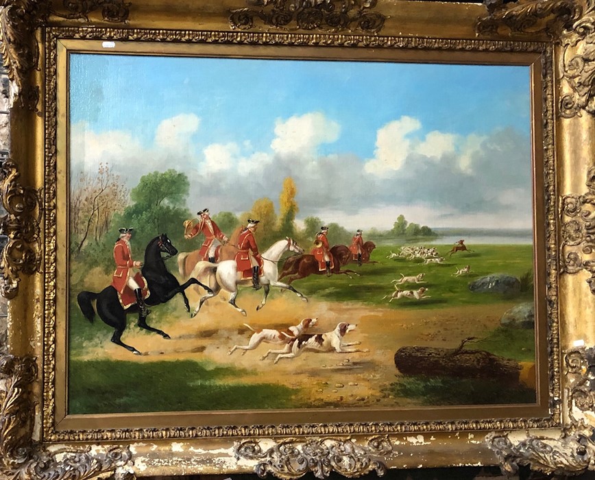 English school - An extensive view of deer hunting with men in red coats on horseback and hounds,