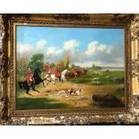 English school - An extensive view of deer hunting with men in red coats on horseback and hounds,