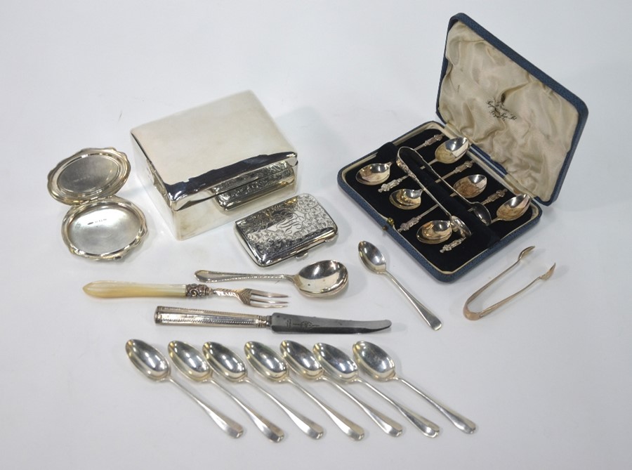 Various silver teaspoons (inc cased set of spoons with Apostle finials), a pair of sugar tongs and