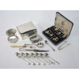 Various silver teaspoons (inc cased set of spoons with Apostle finials), a pair of sugar tongs and