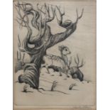 Beatien Yazz (1928-2012) - Fawn in a snowy landscape with twisted tree, etching, pencil signed to