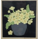 John Hall Thorpe (1874-1947) - Primroses in a blue vase, coloured woodcut, pencil signed to lower