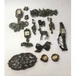 A collection of marcasite jewellery items including four various cocktail and fob watches, earrings,