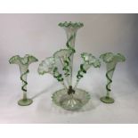 An impressive Victorian green vaseline glass epergne, 48.5 cm high  and two matching vases, 30.5
