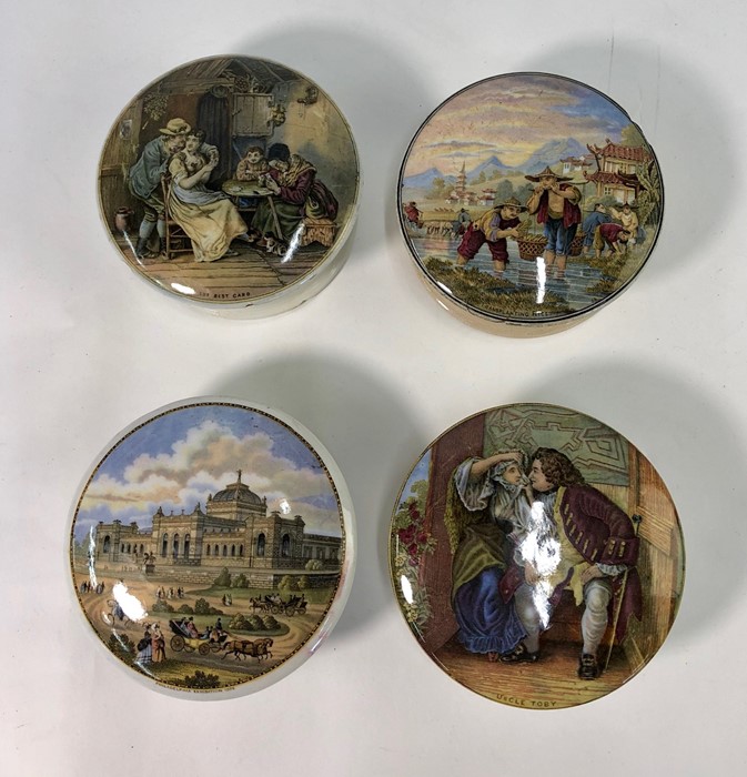 Four Victorian pot lids and bases:  'The Best Card' (hairlines, crazed and chipped);  'Transplanting