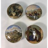 Four Victorian pot lids and bases:  'The Best Card' (hairlines, crazed and chipped);  'Transplanting