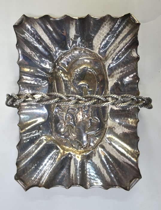 An Arts & Crafts style rectangular dish embossed with a dragon within a hammered and crenelated rim, - Image 2 of 4