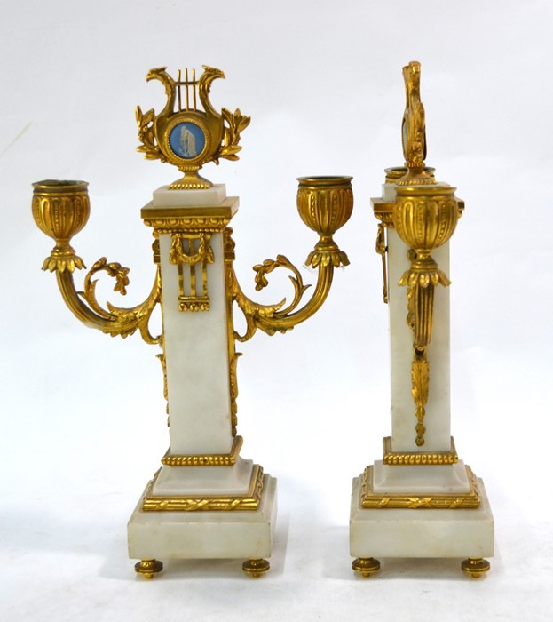 A fine pair of 19th century French Louis XVI style ormolu mounted alabaster twin arm candelabra, - Image 2 of 6