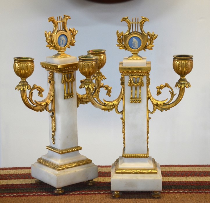 A fine pair of 19th century French Louis XVI style ormolu mounted alabaster twin arm candelabra, - Image 4 of 6