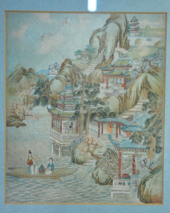 A Chinese picture of two women in a river craft beside buildings in a mountainous, river - Image 3 of 3