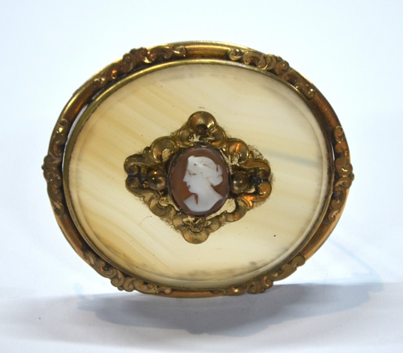 A large Victorain oval chalcedony brooch with gilt metal scroll mount and small oval cameo and - Image 4 of 5