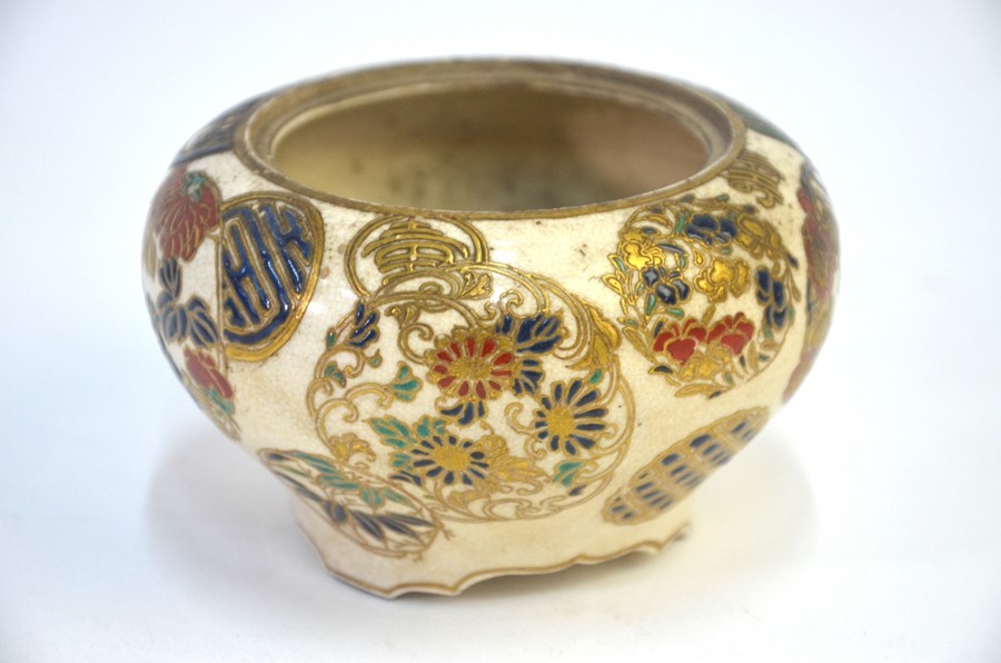 A Satsuma koro, decorated in rich turquoise, gilt and enamels; 12 cm diameter, the base with gilt