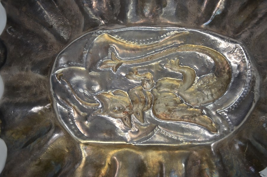 An Arts & Crafts style rectangular dish embossed with a dragon within a hammered and crenelated rim, - Image 3 of 4