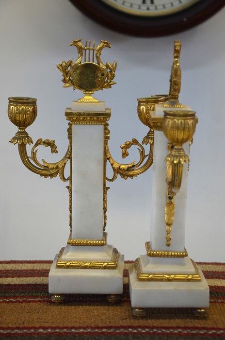 A fine pair of 19th century French Louis XVI style ormolu mounted alabaster twin arm candelabra, - Image 6 of 6