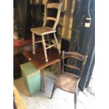 Two old fruitwood kitchen chairs to/with a square occasional table and a green loom laundry box (4)