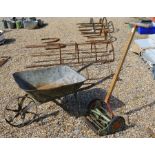 Vintage wheelbarrow and Folbate push-mower model F2