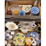 Two boxes of decorative china and glass including Wedgwood jasper wares, cut glass fruit bowls, ;ate