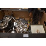 Box of collectables to include silver plate, flatware, six Akerman prints, whisk, 2 x irons,