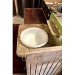 A metal washstand with bowl to/w a teak draining board and a mahogany low cupboard (2)