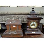 A walnut twin-train mantel clock with decorative gilt and enamel dial, to/w a mahogany stationery