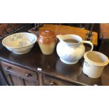 Assorted china including a wash bowl, jug, lidded pottery jar etc