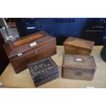 A sarcophagus strung mahogany box, a similarly shaped fruit-wood tea caddy, a mahogany mother-of-